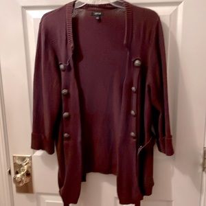$8 bundled! Large Wine cotton open cardigan, ornamental metal buttons wrap tie